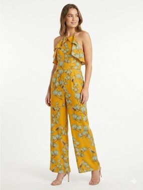 Anthropologie Varun Bahl Jumpsuit Ruffled Halter Bird Floral Yellow Size 10